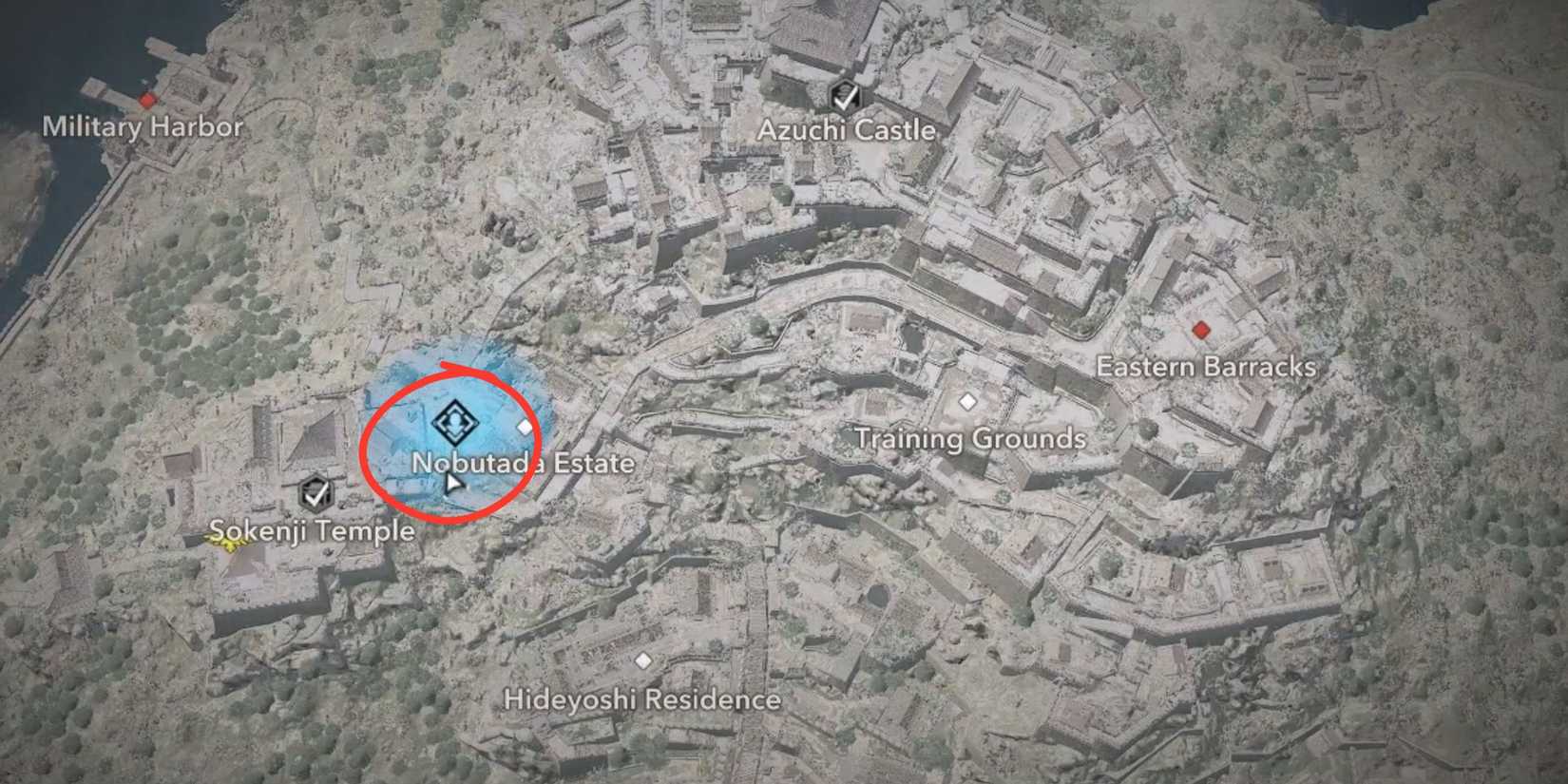 The map location for Sato Genta in AC Shadows