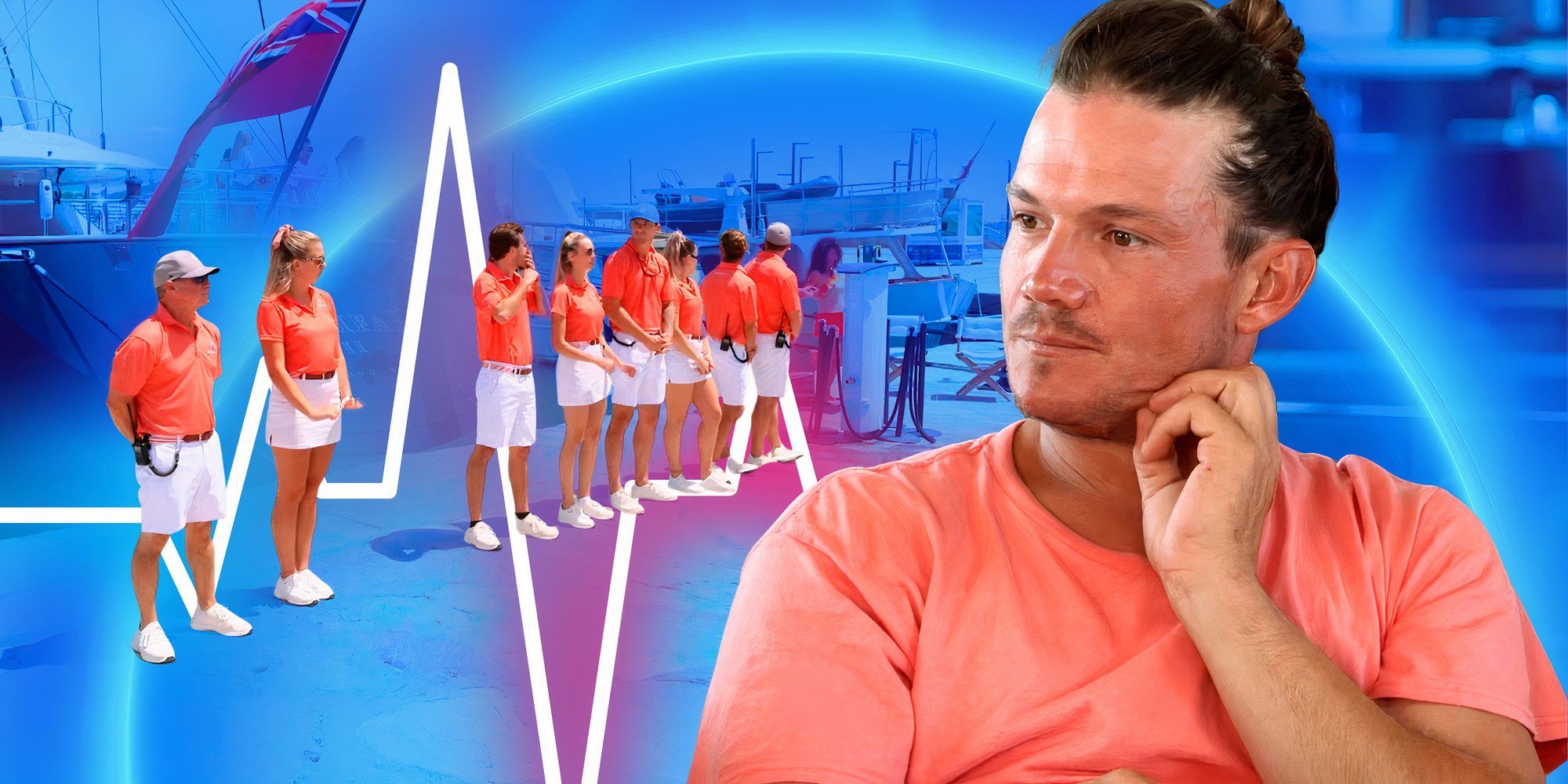 up close image of Gary king &amp; Below Deck Sailing Yacht cast in the background