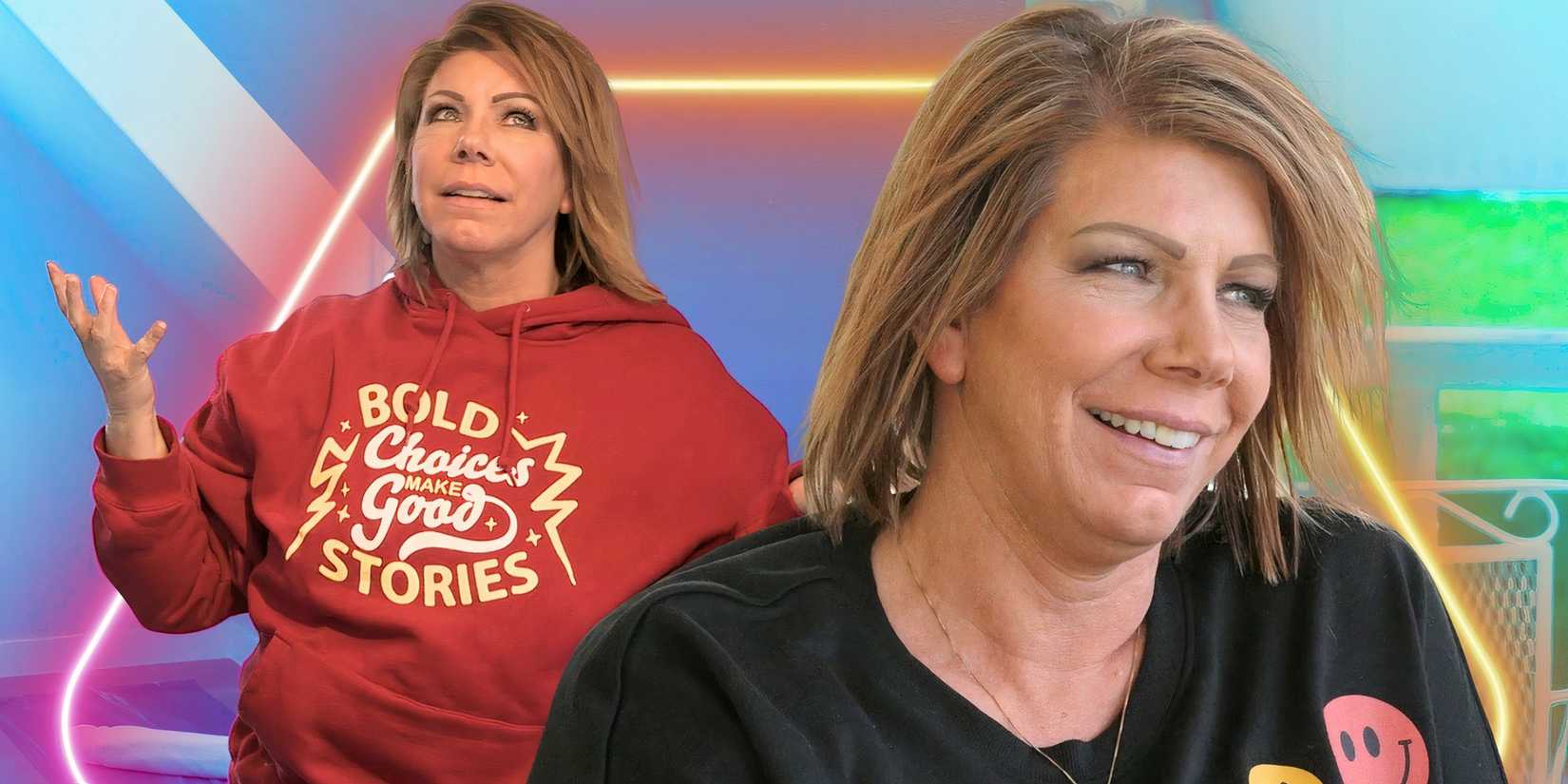 montage of Sister Wives Meri Brown smiling against neon background
