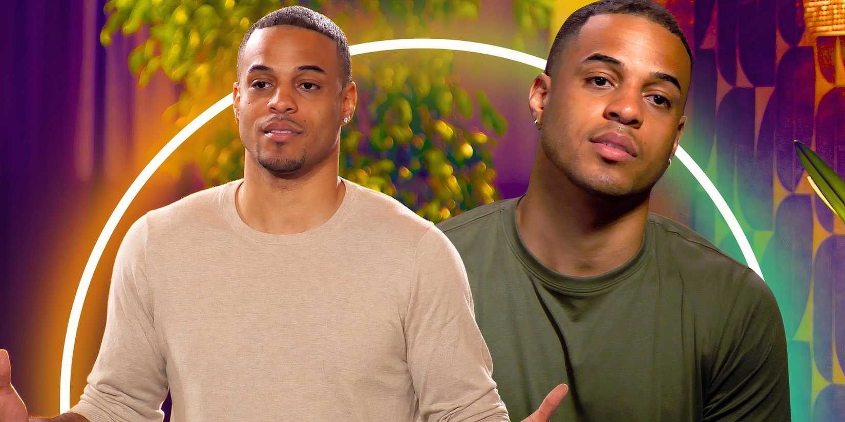 montage of The Bachelor's Grant Ellis in two poses with cream and green tops on and looking serious