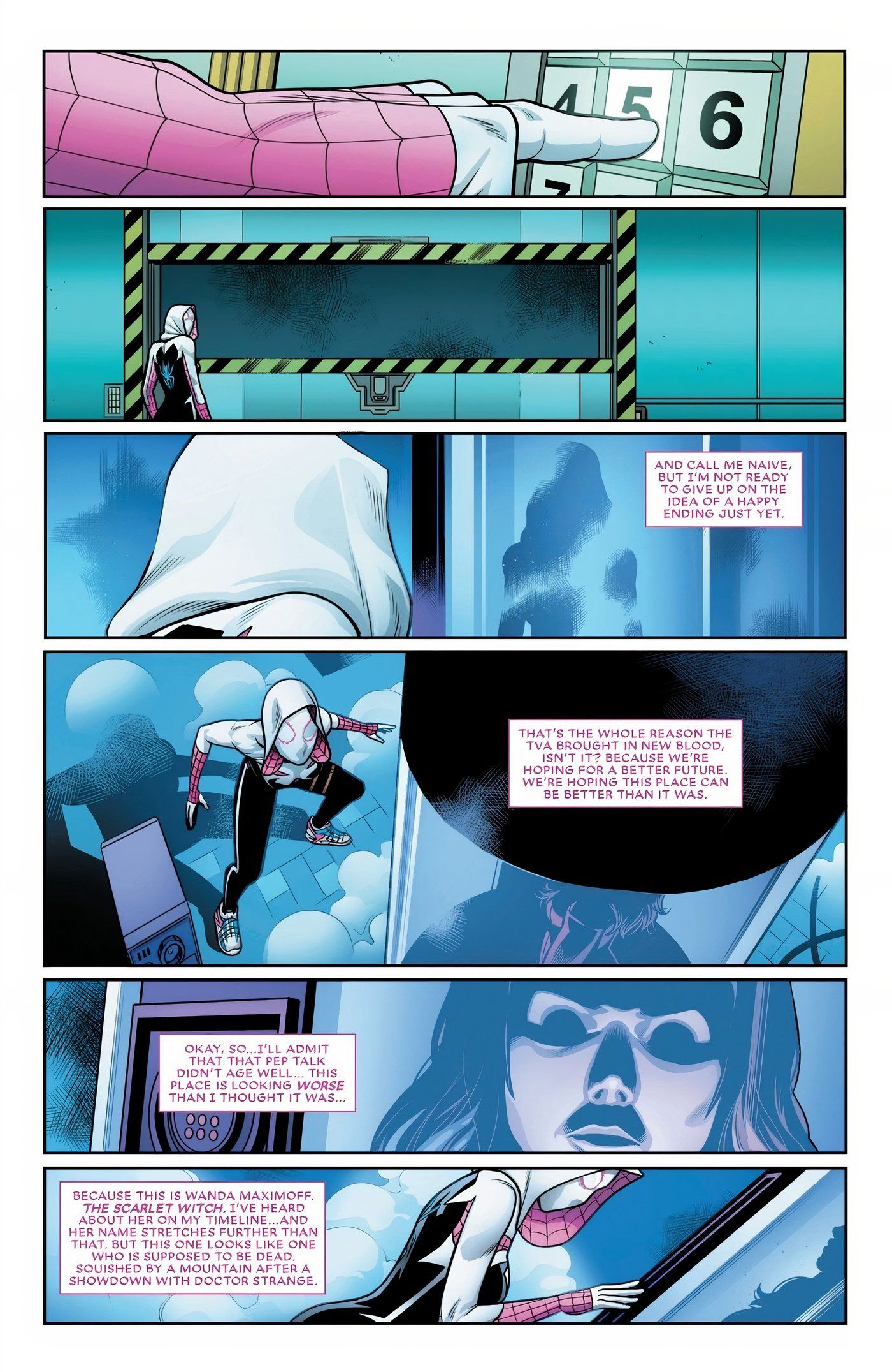 Six panels of Spider-Gwen in a TVA containment facility