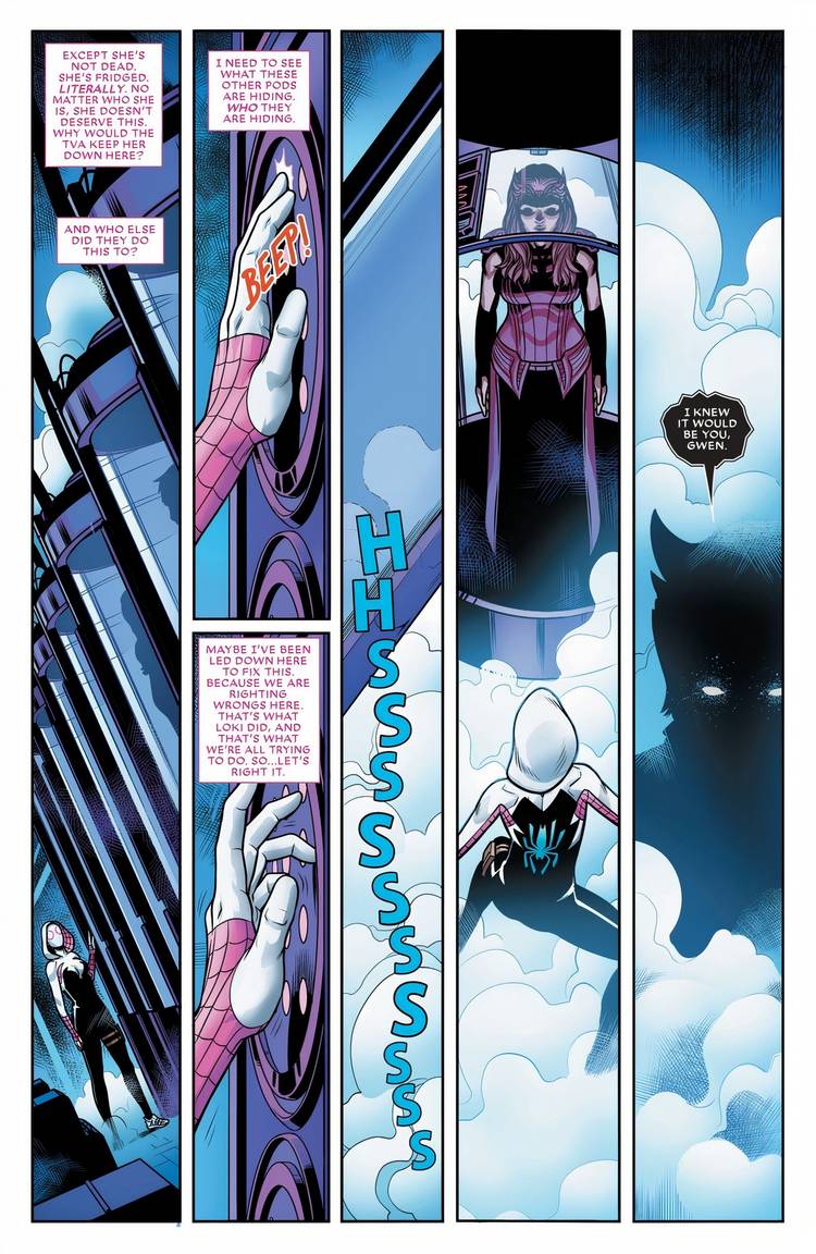 Six panels of Spider-Gwen opening a TVA containment pod, finding the Scarlet Witch in it