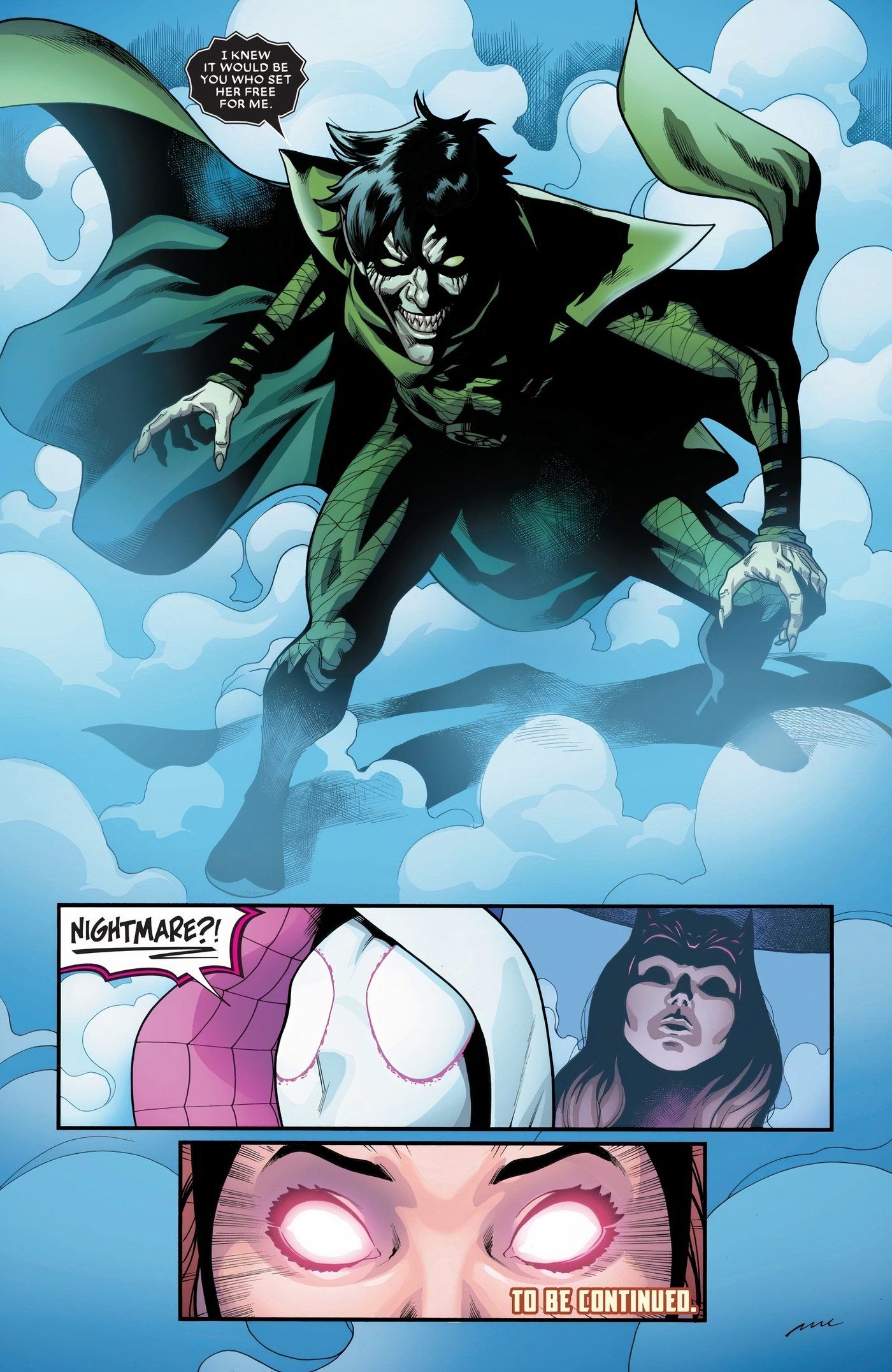 Three panels of Nightmare confronting Spider-Gwen