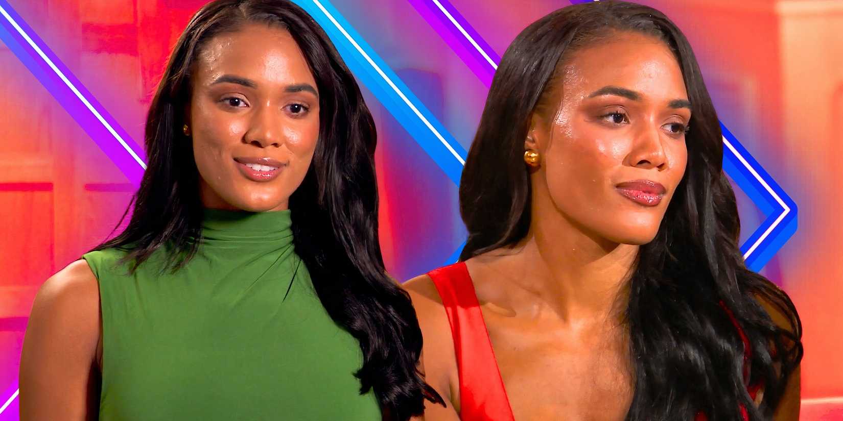 montage of The Bachelor's Zoe McGrady with two serious expressions and bright background