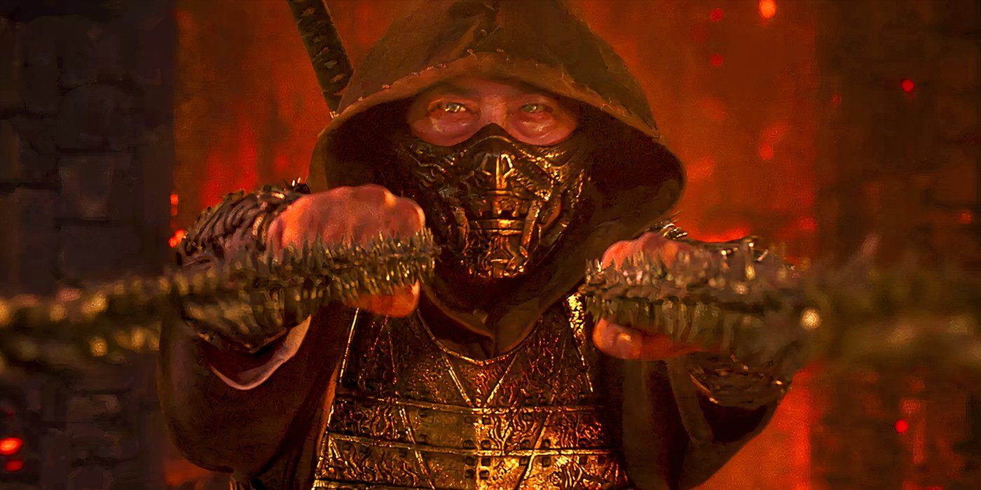 Scorpion holding his chains in the Netherrealm in Mortal Kombat 2 (2025)