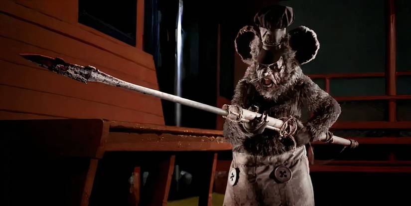 A deranged black-and-white, realistic Mickey Mouse holds a harpoon out in front of him.