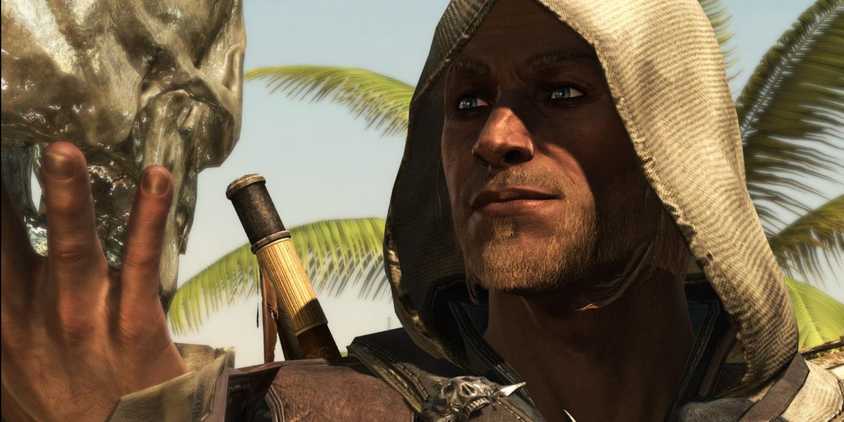 Edward Kenway looking at a skull in Assassin's Creed 4 Black Flag.