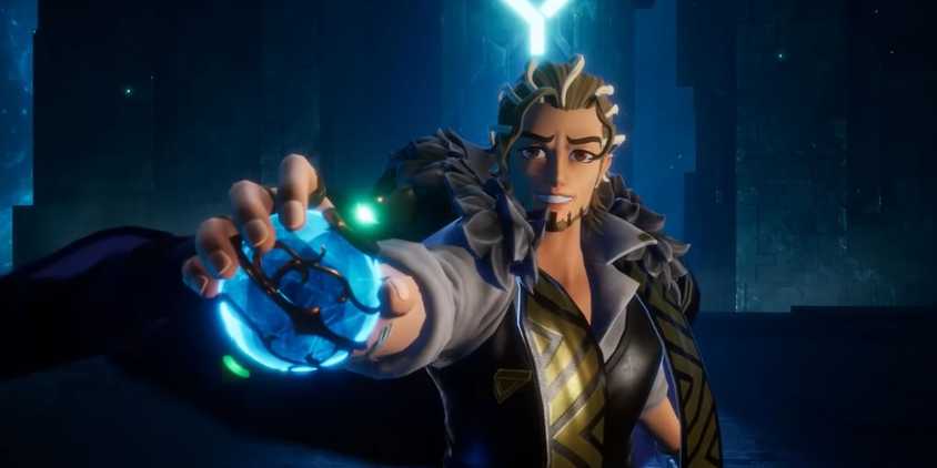 A character from Palworld holds a blue glowing orb. 