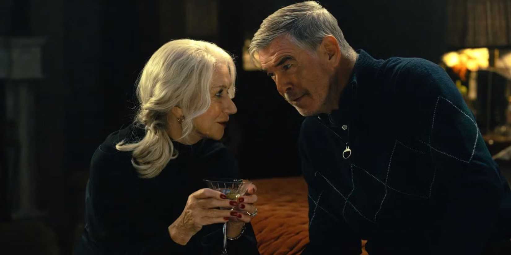 Helen Mirren as Maeve Harrigan and Pierce Brosnan as Conrad Harrigan quietly talking together in MobLand
