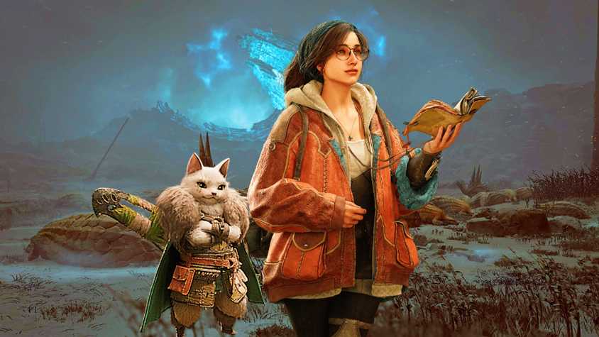 Monster Hunter Wilds Alma and Palico standing in a desert with monsters running wild in the background.