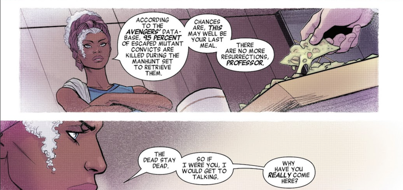 X-Men's storm speaks to Charles Xavier (off panel)
