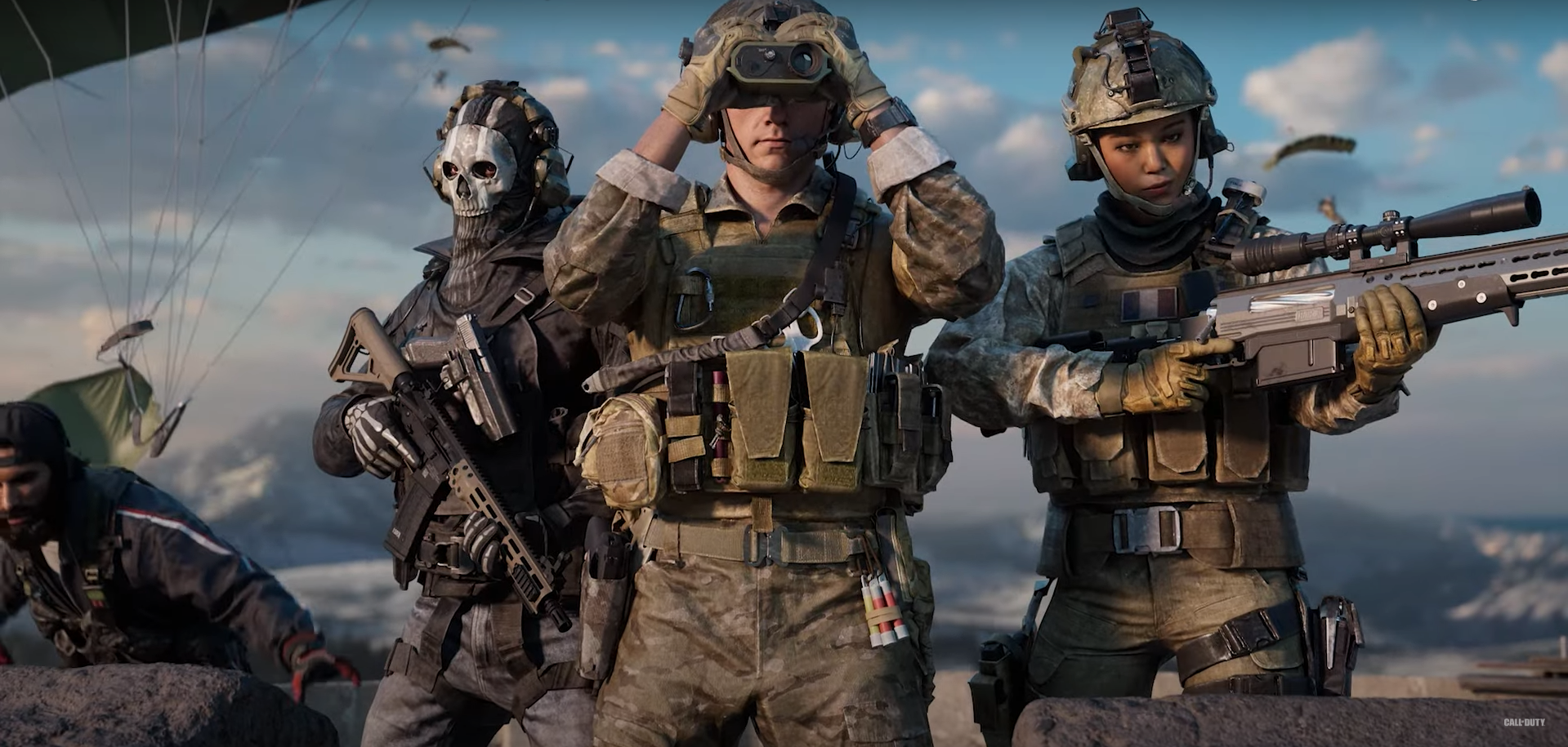 call of duty: Warzone soldiers standing together holding guns, with the middle soldier holding binoculars to his eyes