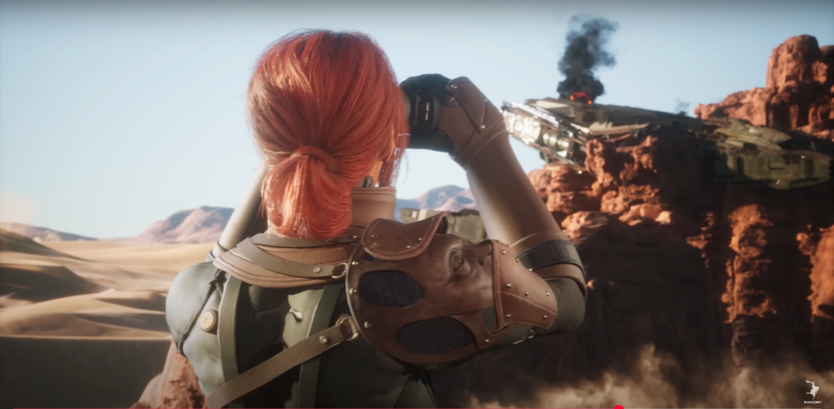 Dune: Awakening red readed player looking through binoculars at a downed ship