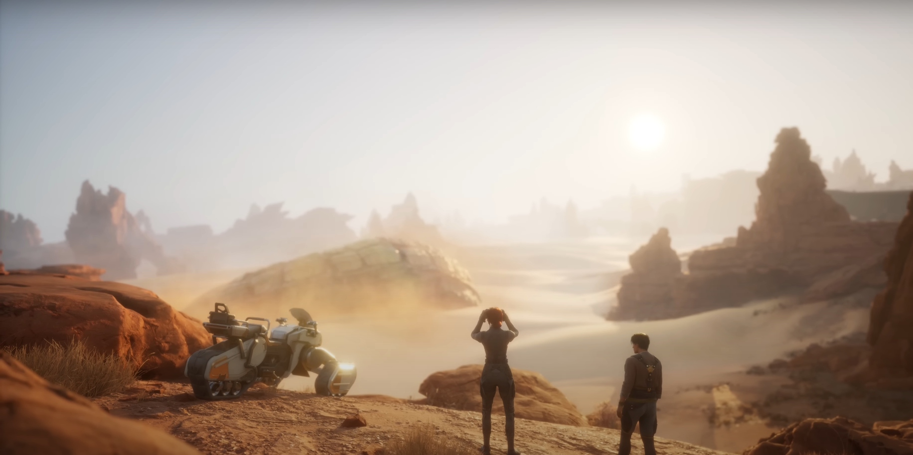 Dune: Awakening two characters looking at a sandworm in the desert