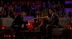 Juliana Pasquarosa sitting on a couch with Grant Ellis, showing off her engagement ring to Jesse Palmer