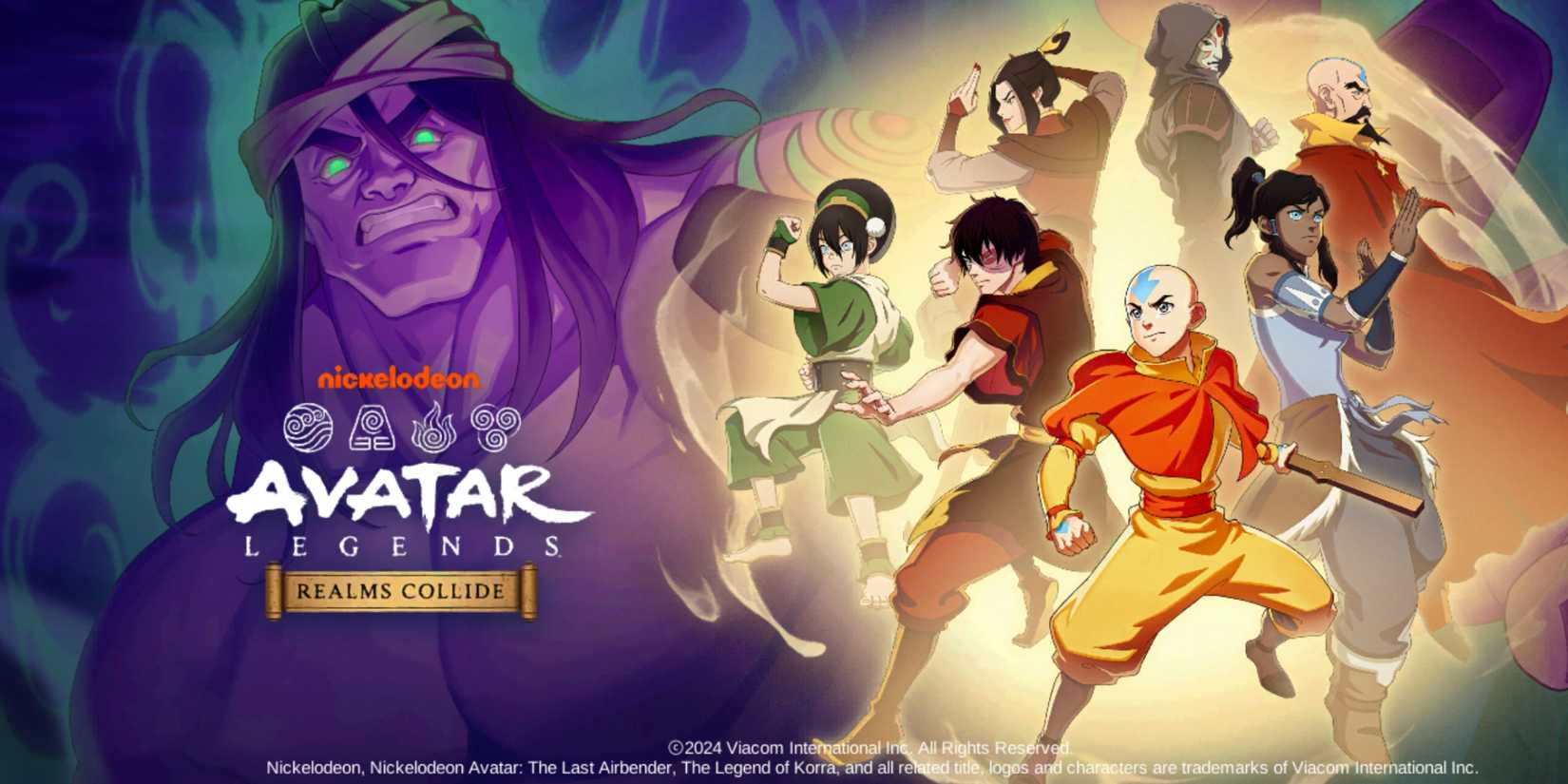 The loading screen for Avatar Legends: Realms Collide featuring Avatar's heroes and the game's original villain