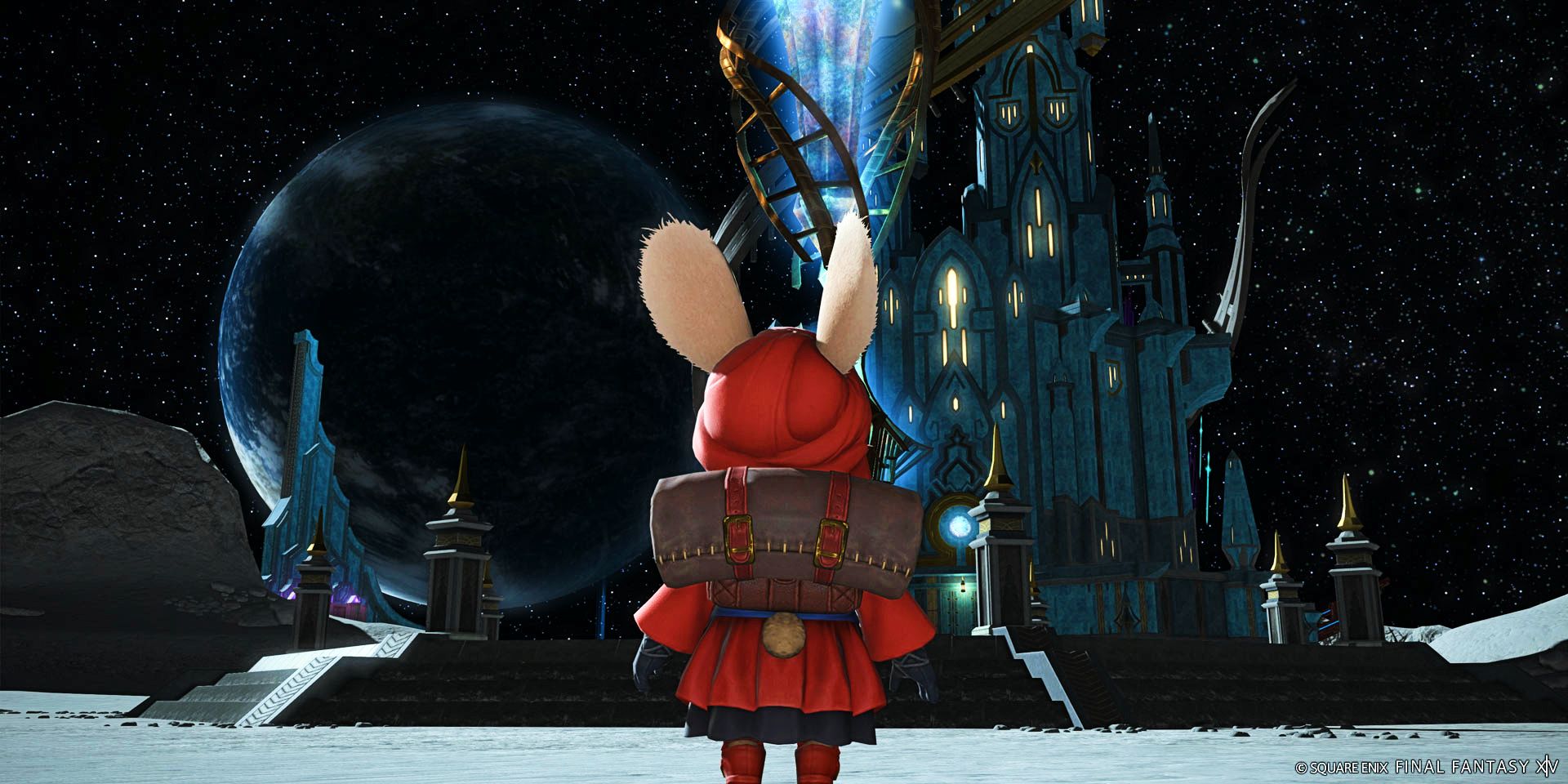 Searchingway looking up at a castle in space in Final Fantasy 14