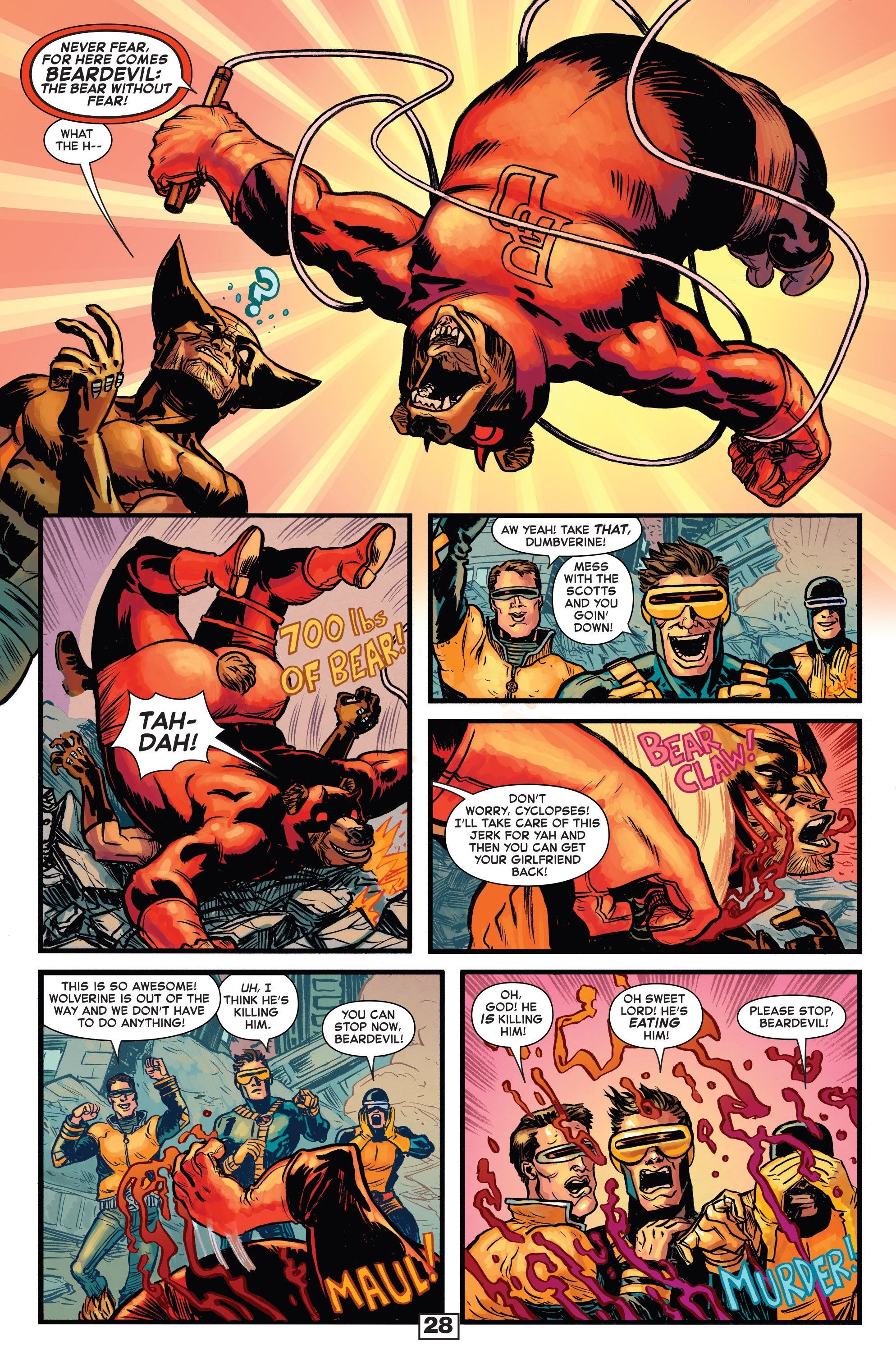 Beardevil lands on Wolverine before mauling him to death, all while three Cyclopses watch in horror.