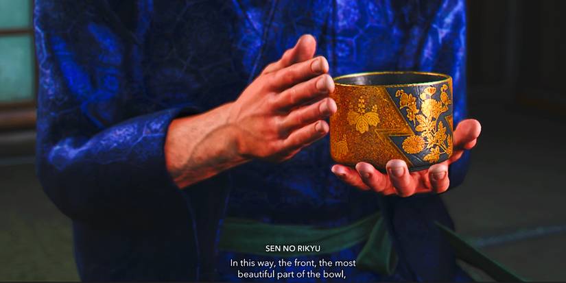 Sen No Rikyu demonstrates the turning of the bowl in Assassin's Creed Shadows.-1
