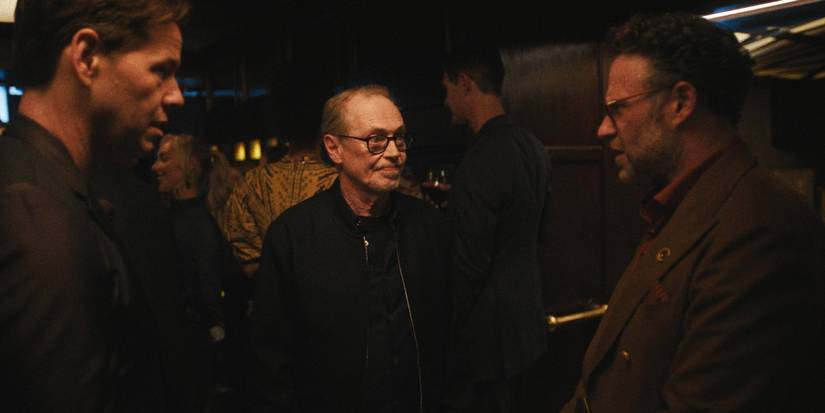 Seth Rogen and Ike Barinholtz talk to Steve Buscemi in The Studio