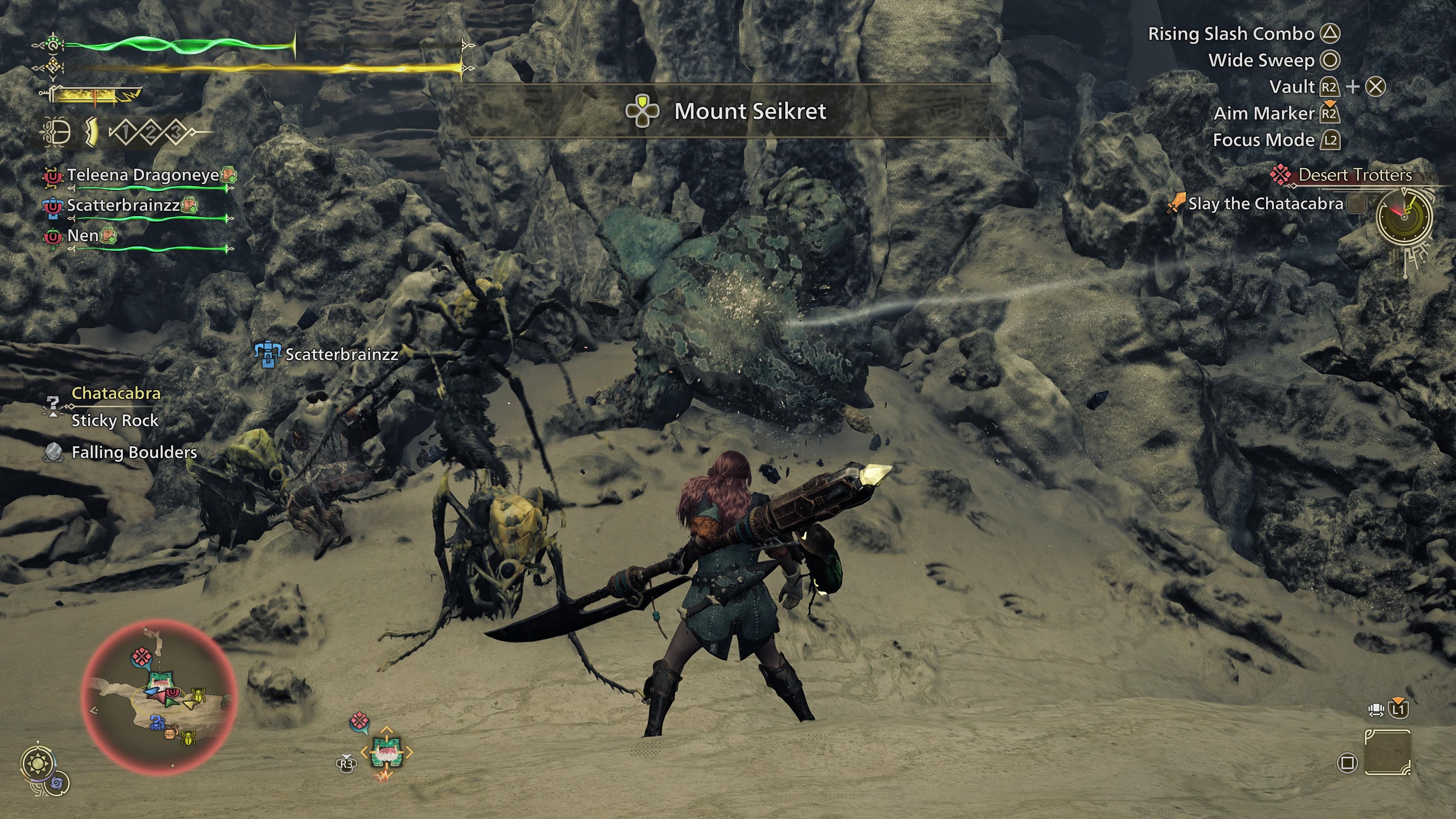 Several players working together to attack a monster in monster hunter wilds