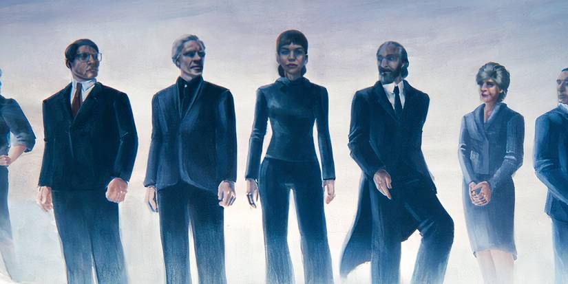 A painting of the Eagan family standing above a waterfall in Mark's mural in Severance season 2, episode 10 (2025)