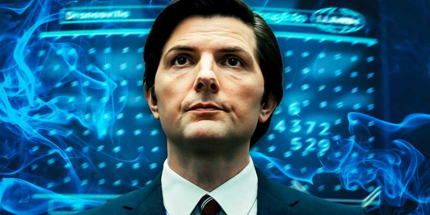Adam Scott as Mark looking up with the MDR computer screen and numbers behind him in Severance
