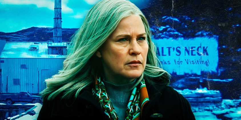 An image of Harmony Cobel between imagery of the Salt's Neck town in Severance season 2, episode 8 (2025)