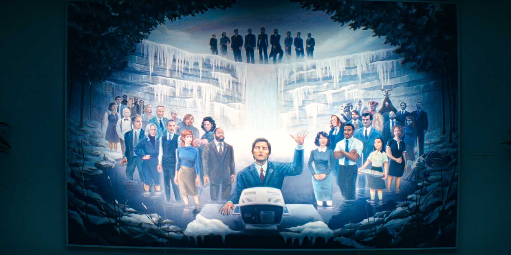 A mural depicting Mark S.'s completion of his 25th file and his journey at Lumon in Severance Season 2 Ep 10