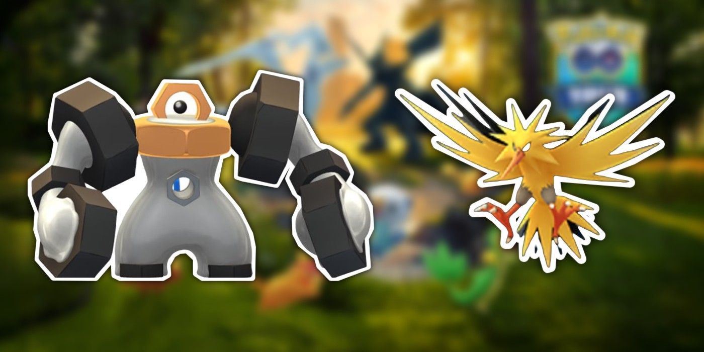 Shiny Melmetal and Zapdos on Blurred Pokémon GO background.
