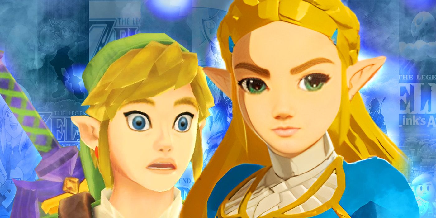 Link from The Legend of Zelda: Skyward Sword looks shocked as he stands next Zelda from The Legend of Zelda: Breath of the Wild, who herself has a suspicious expression on her face.