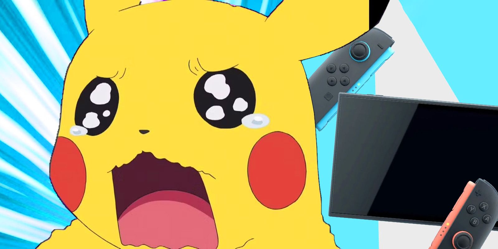A shocked Pikachu, with tears in its eyes, stands next to a Switch 2 console.