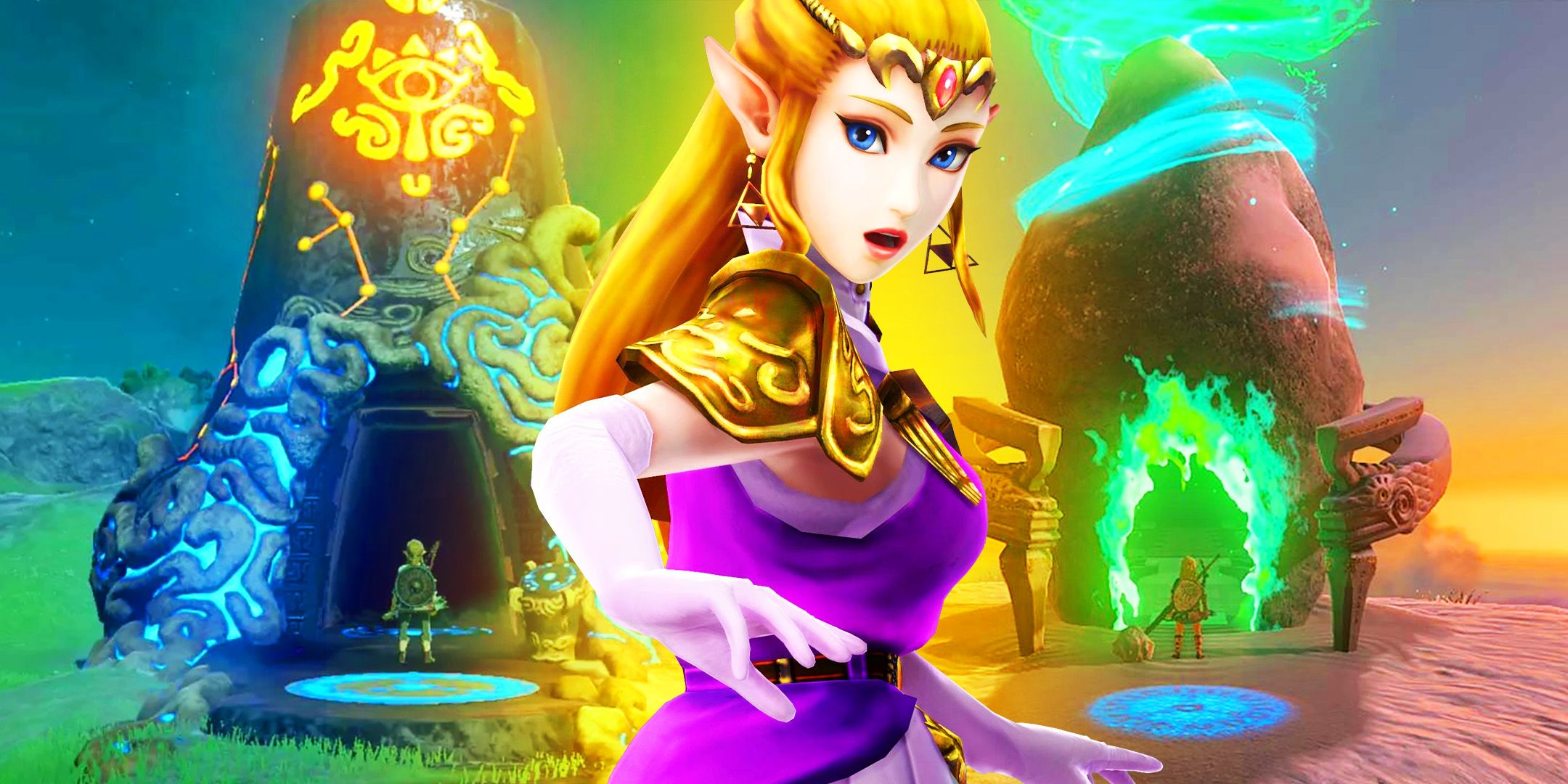Shocked Zelda form Ocarina Of Time with shrines from TOTK