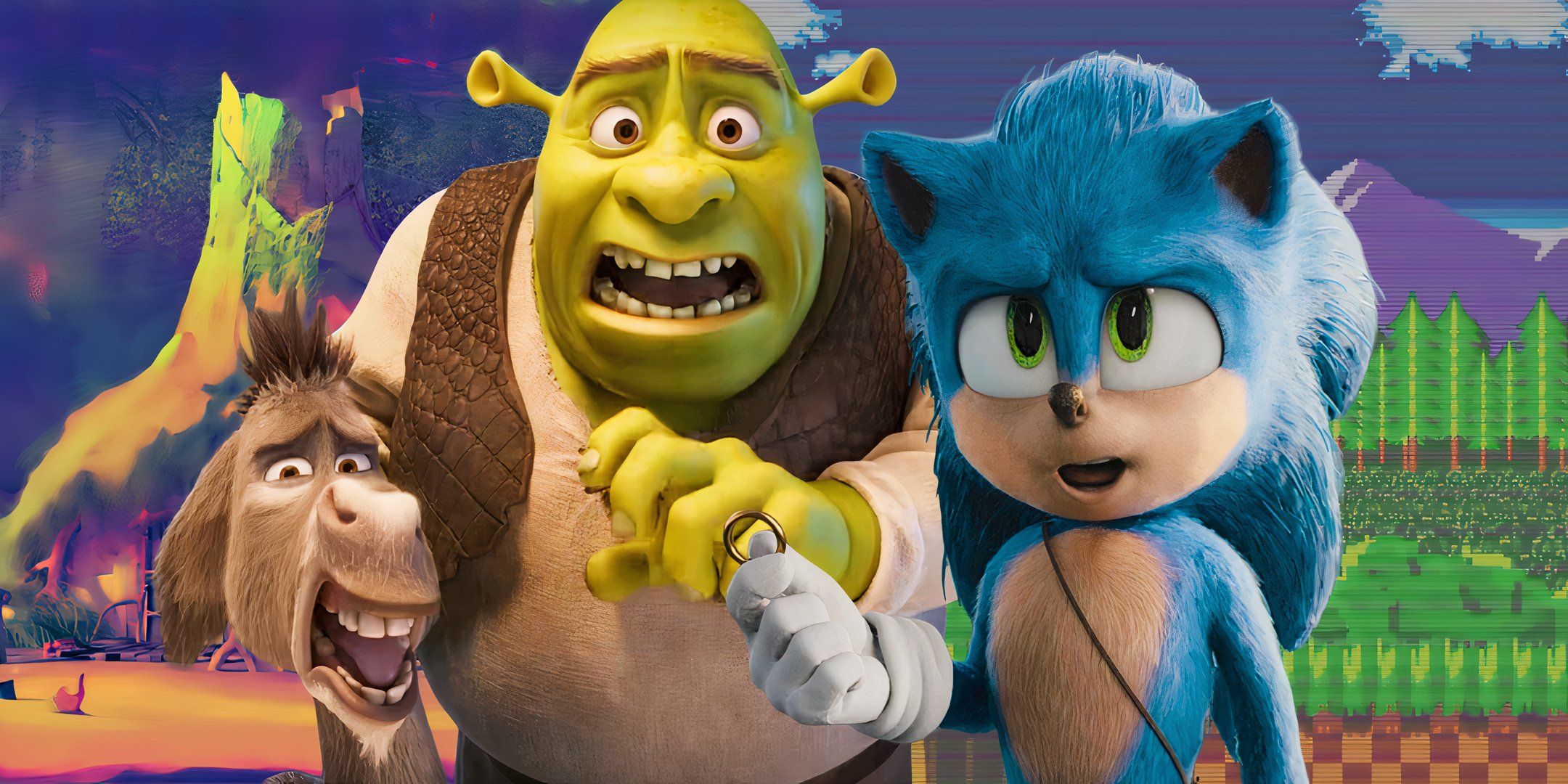 Shrek (Mike Myers), Donkey (Eddie Murphy), and Sonic the Hedgehog (Ben Schwartz) together. Shrek and Donkey look terrified, while Sonic is trying to help custom image