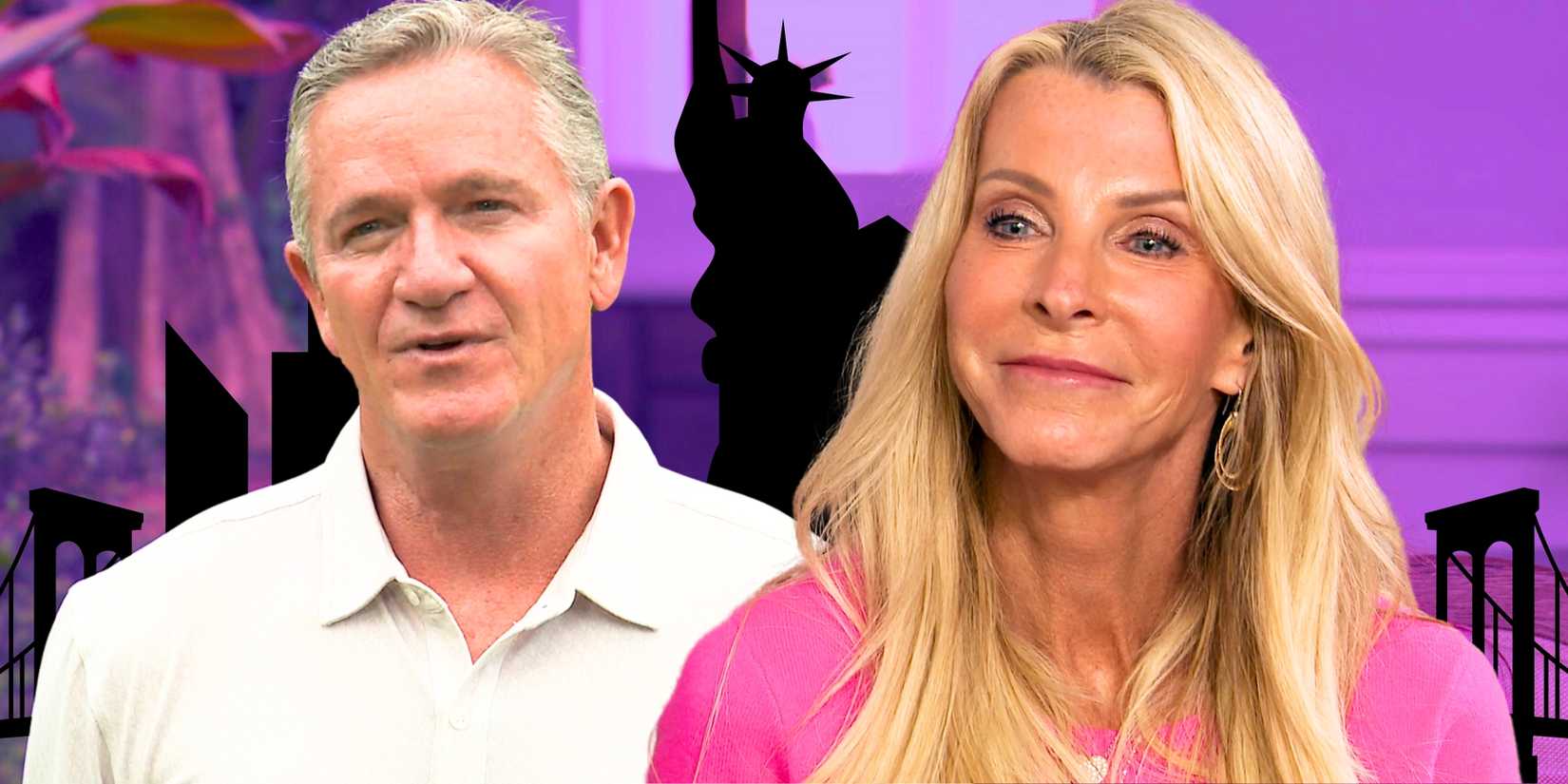 The Golden Bachelorette’s Chock Chapple & Joan Vassos smiling amid purple background with a statue of liberty.