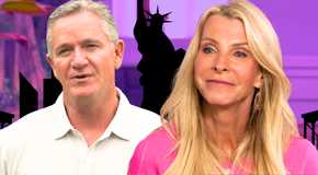 The Golden Bachelorette’s Chock Chapple & Joan Vassos smiling amid purple background with a statue of liberty.