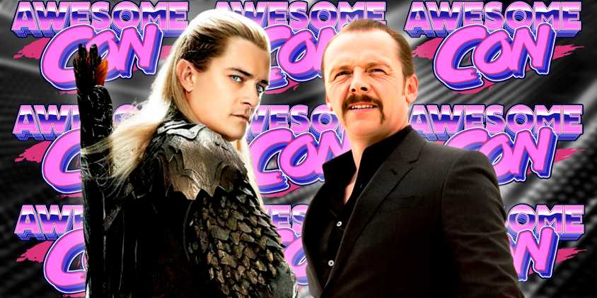 Simon Pegg and Orlando Bloom in LOTR on an Awesome Con background