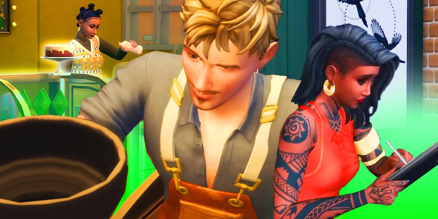 Sims 4 Businesses & Hobbies Header showing a Sim doing pottery in the middle, a Sim making candy on the left, and a Sim designing a tattoo on the right.