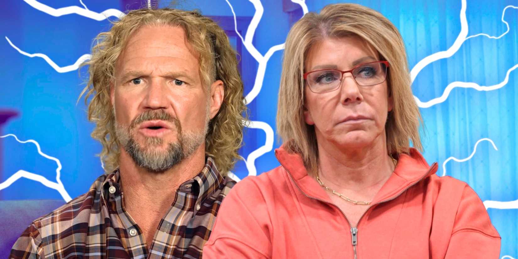 Sister Wives' Kody Brown looks angry and Meri Brown has a neutral expression, with lightning behind them.