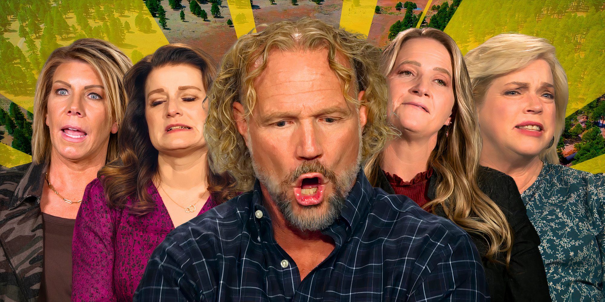 sister wives montage with kody meri robyn christine and janelle brown looking intense with yellow background