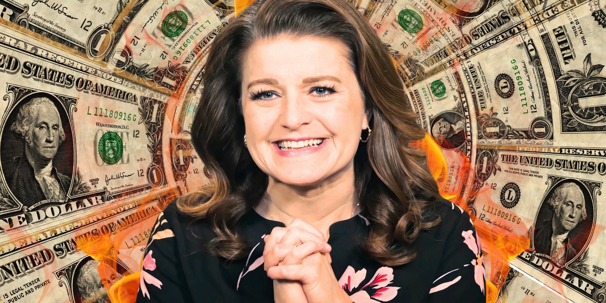 sister wives star robyn brown rubbing her hands together and smiling with money in the background