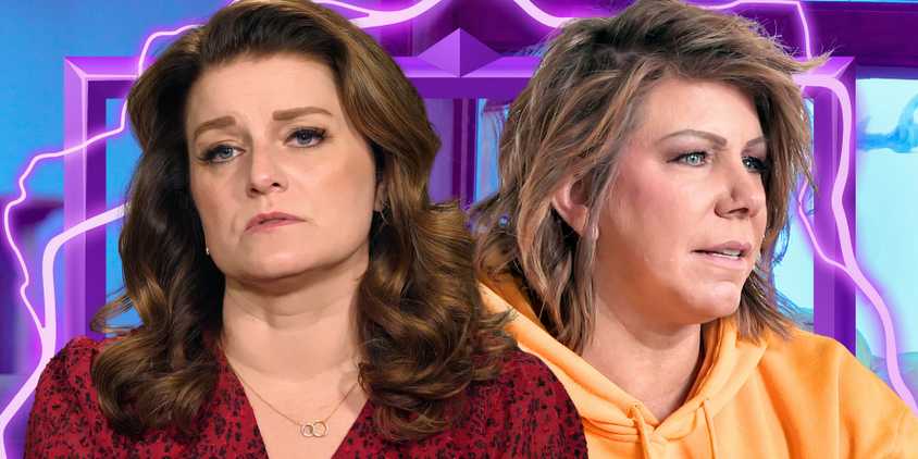 sister wives stars robyn and meri brown looking serious with a purple background with neon accents