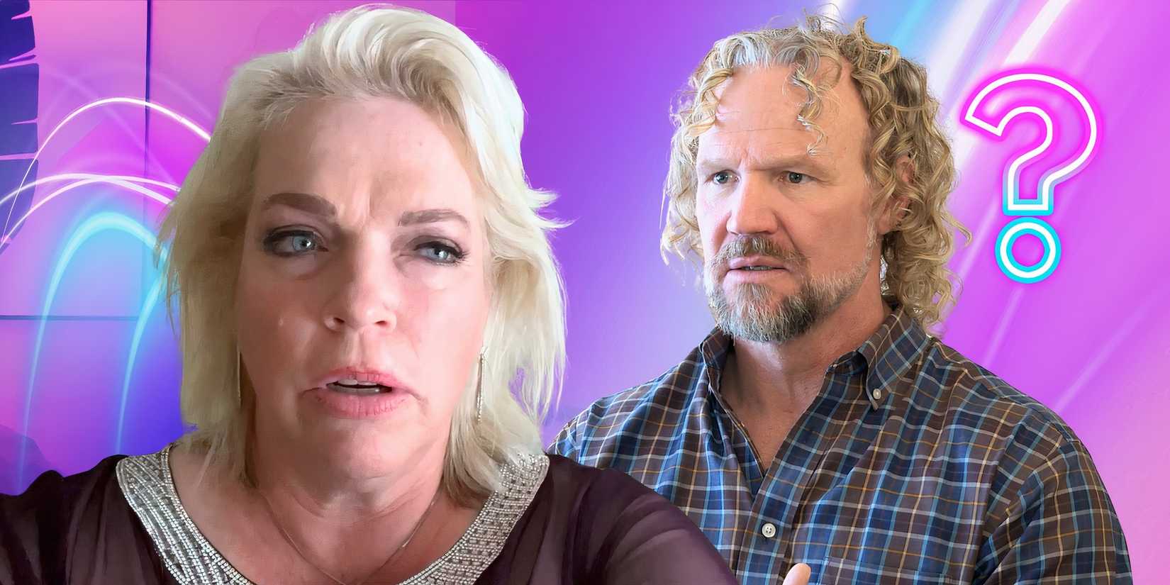 Sister Wives Janelle Brown with Kody Brown in the background and surrounded by question marks