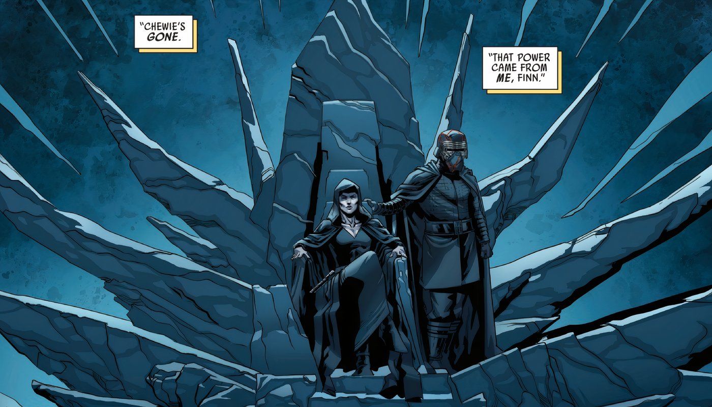 Rey as Queen of the Sith sitting on a throne with Kylo Ren standing next to her.