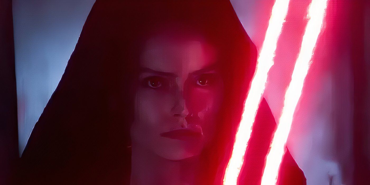 Star Wars' Rey in a Sith hood wielding a double-bladed red lightsaber.