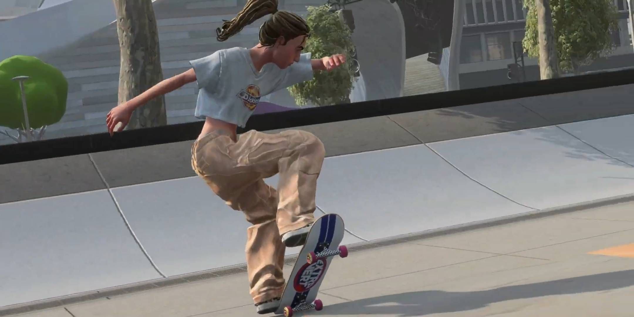 A skater in Skate 4 doing a trick in a city.