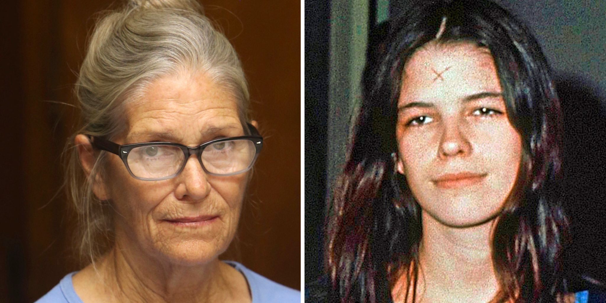 Leslie Van Houten at her parole hearing pictured with her younger self