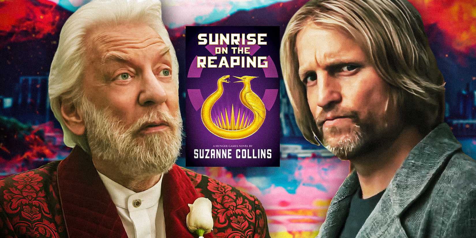 President Snow and Haymitch Abernathy from The Hunger Games standing in front of the cover of Sunrise on the Reaping