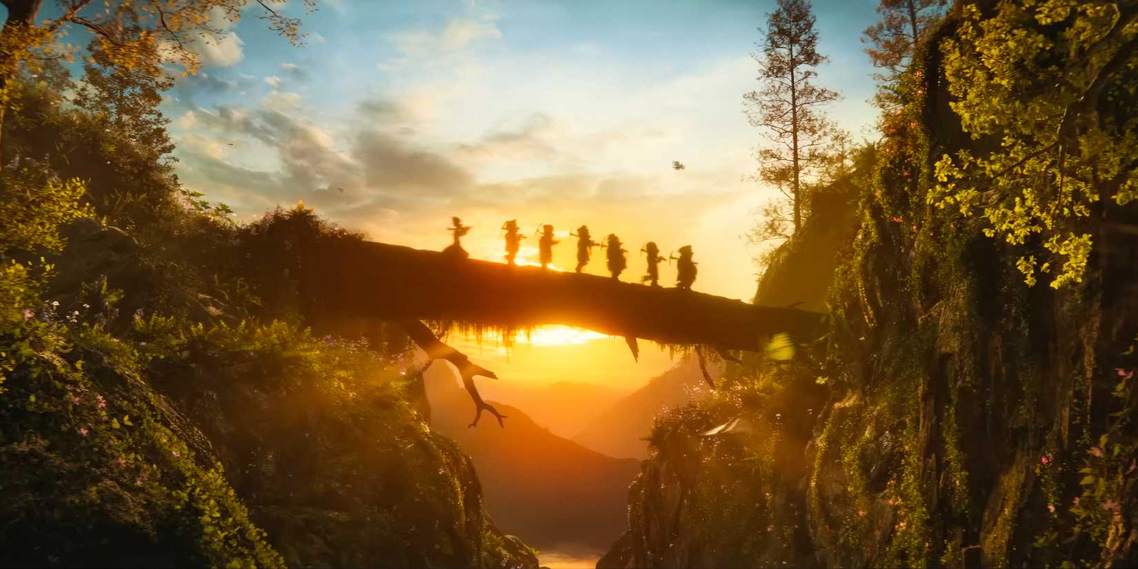 The seven dwarves walk along a tree branch in Snow White (2025)