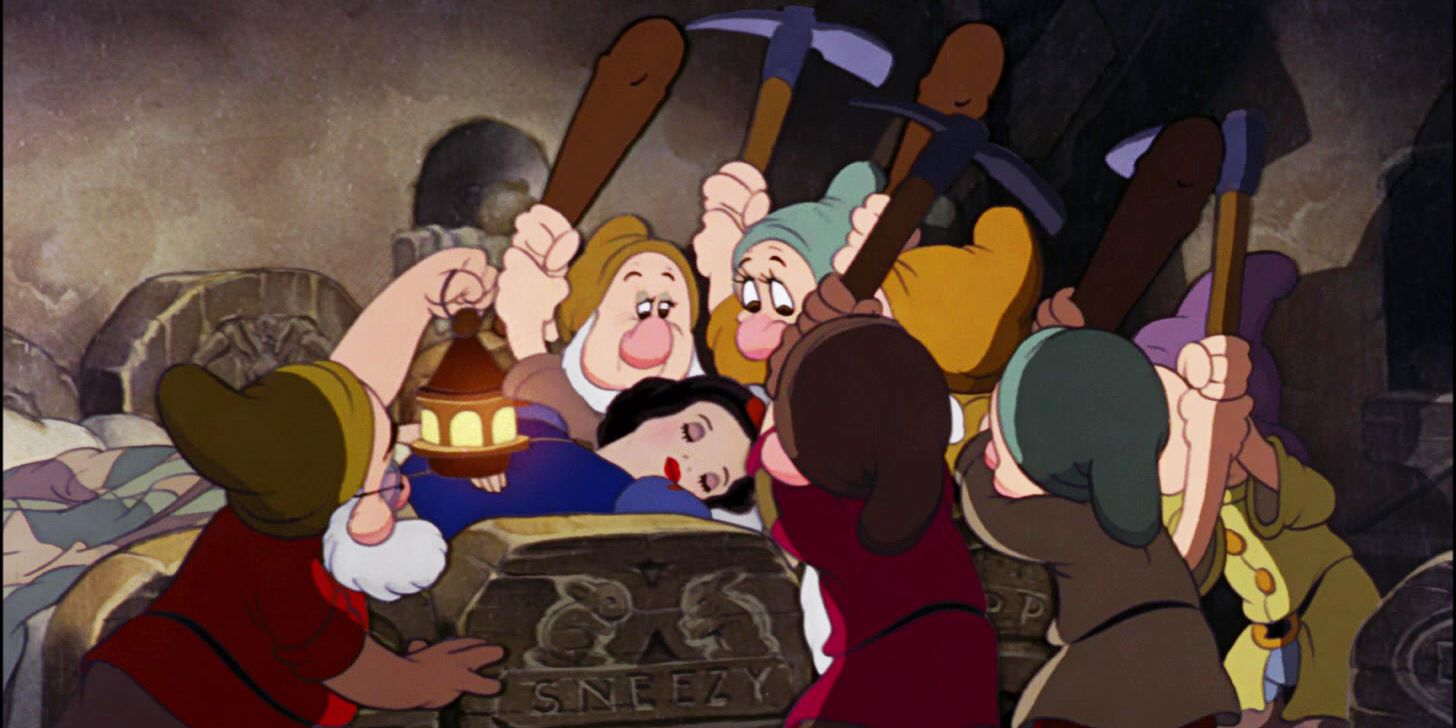 Snow white and the Seven dwarfs the dwarfs about to attack Snow White